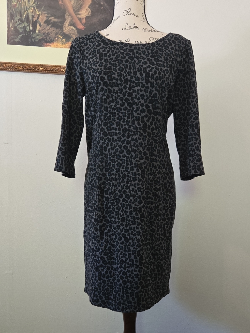 Talbots Black and Gray Leopard-Print Long Sleeve Sheath Dress
